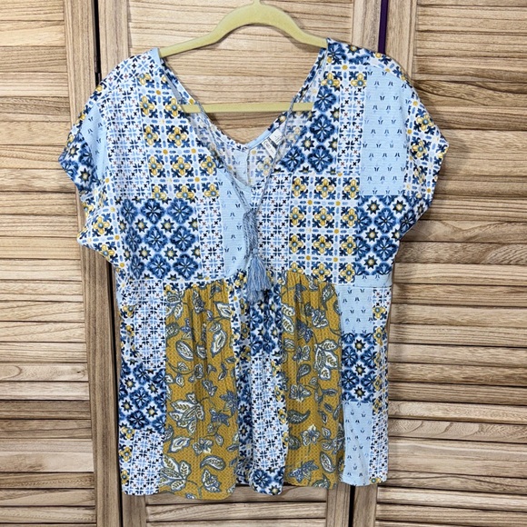 Cato Tops - Cato Patchwork Floral Green Blue Yellow Rust V-Neck Cap Sleeve Top Size L